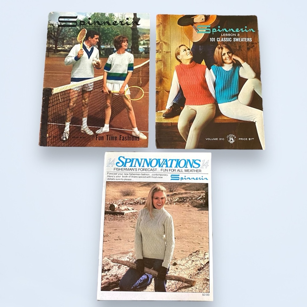 Set of 3 Vintage Spinnerin 1963 1966 1978 Sweater Knitting Fashions Fisherman
